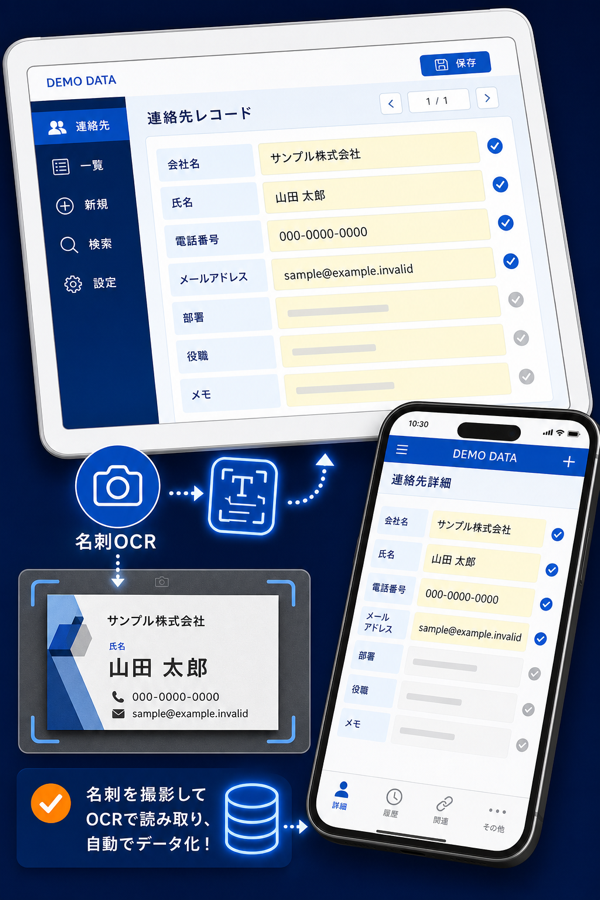 架空のダミー情報を使った名刺OCR・データベース自動入力のデモ画面