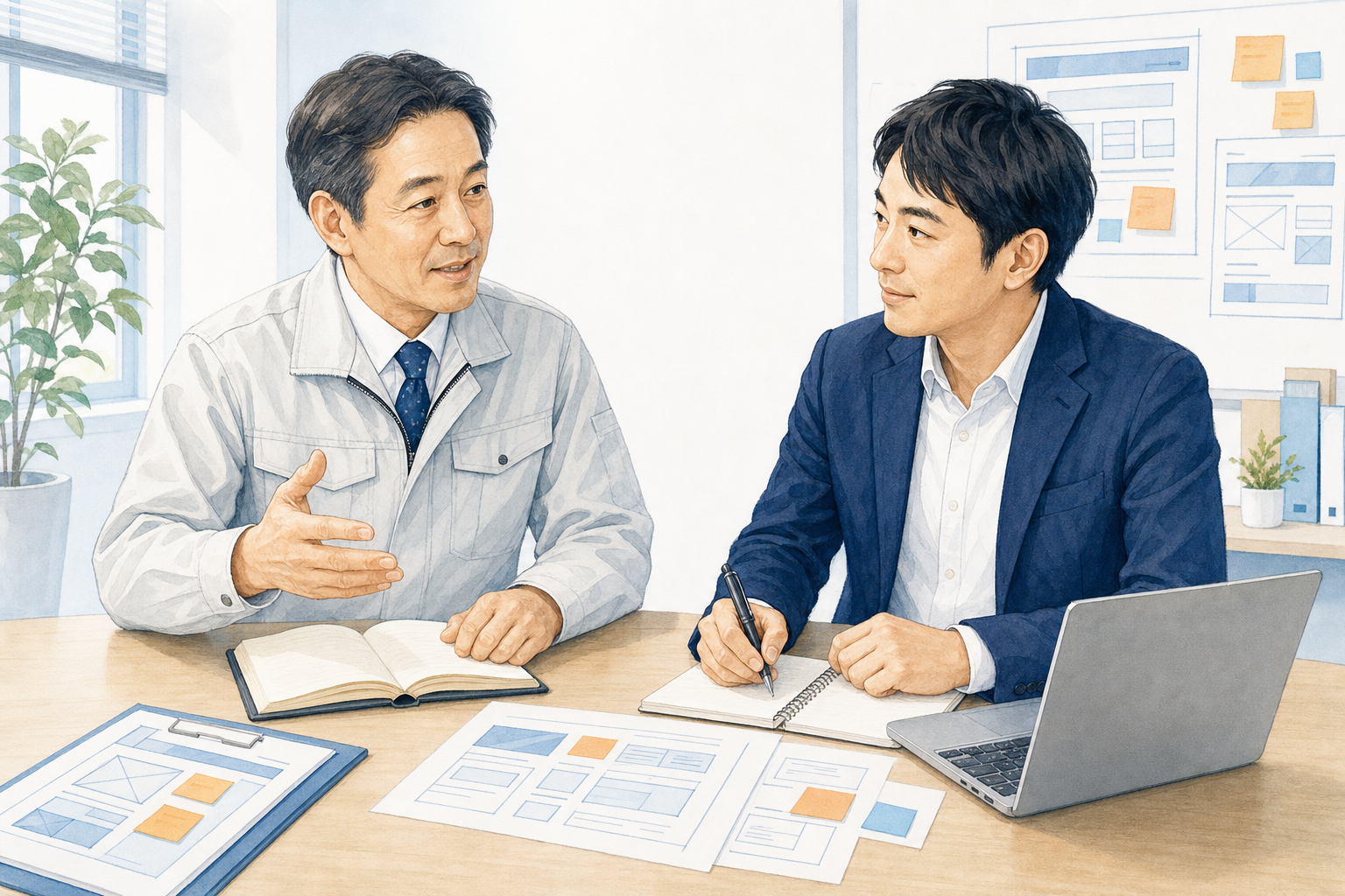中小企業の男性社長とホームページの原稿を一緒に考える打ち合わせ