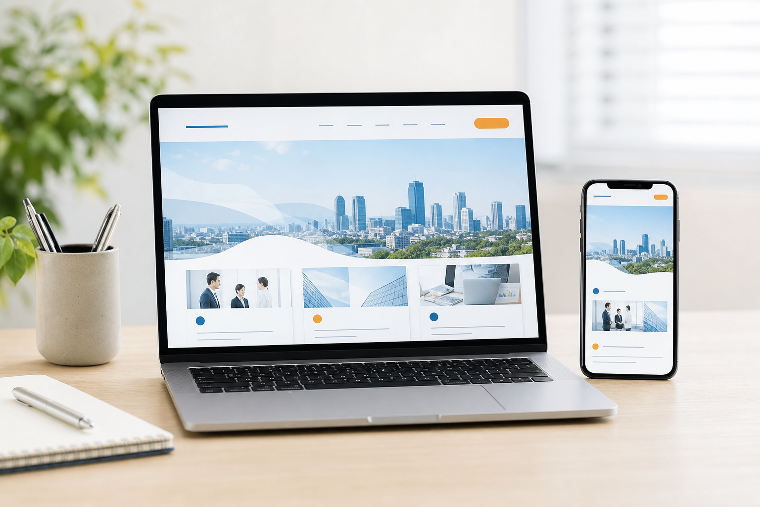 パソコンとスマートフォンに表示された企業ホームページ