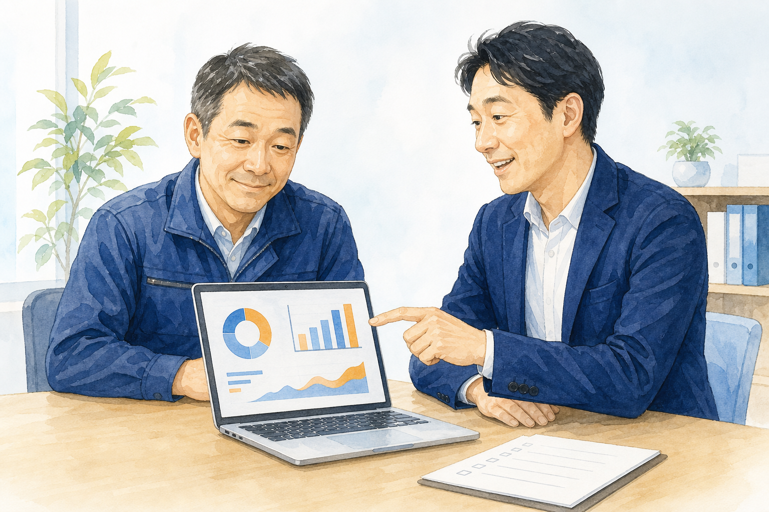 中小企業の男性担当者とホームページ公開後のアクセス状況を確認する相談